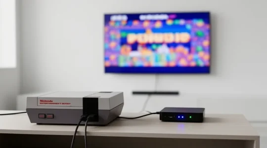 Console rétro NES avec adaptateur moderne devant un écran 4K affichant des pixels nets