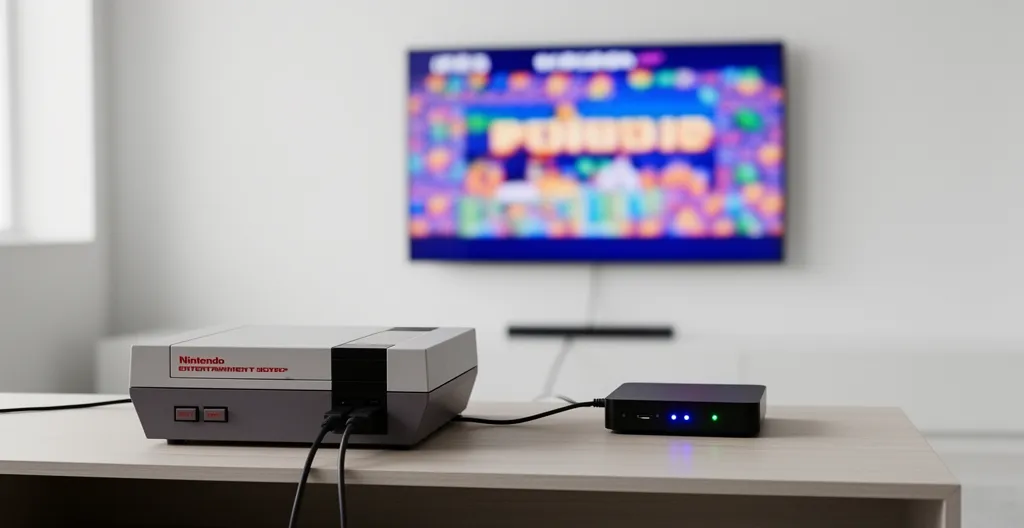 Console rétro NES avec adaptateur moderne devant un écran 4K affichant des pixels nets