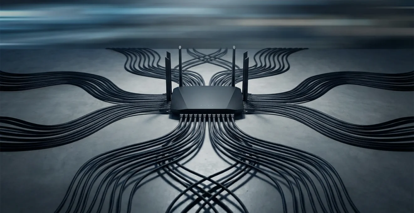 Setup réseau optimisé pour le gaming avec routeur et câbles dans un environnement épuré