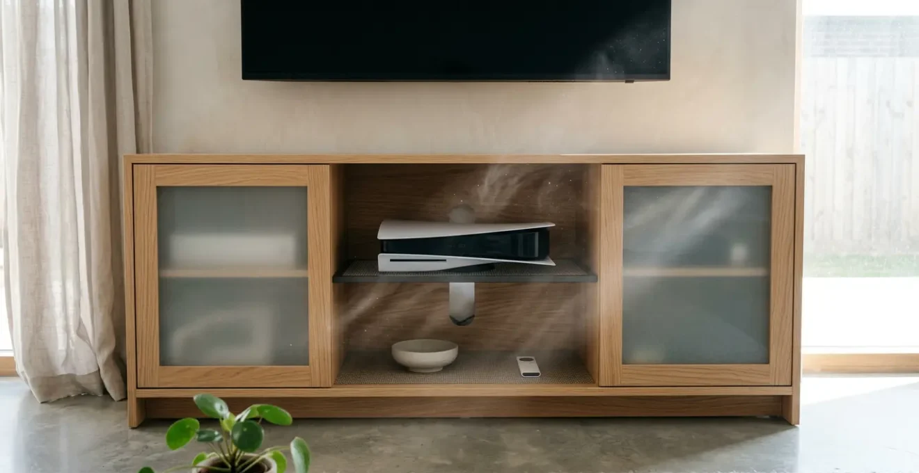 PlayStation 5 installée dans un meuble TV avec système de ventilation
