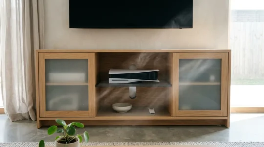 PlayStation 5 installée dans un meuble TV avec système de ventilation