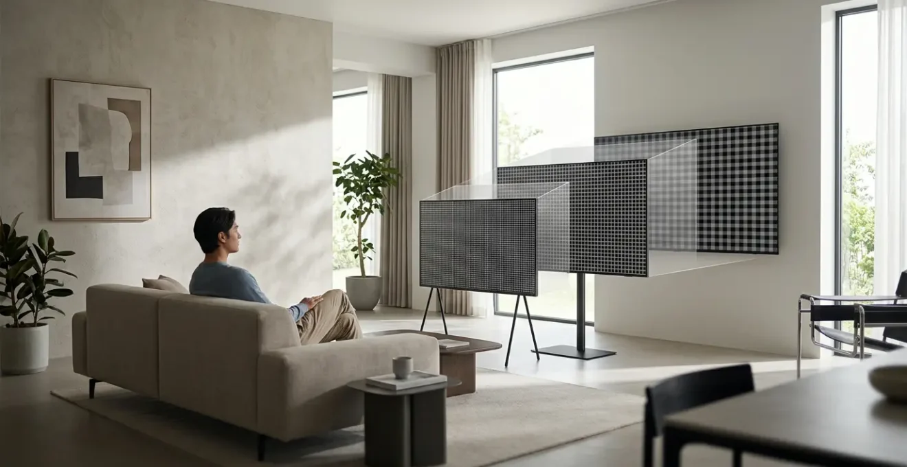 Vue comparative d'un salon moderne avec différentes tailles d'écrans et distances de visionnage, illustrant la perception de la résolution 4K