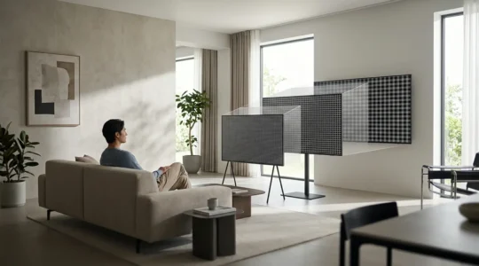 Vue comparative d'un salon moderne avec différentes tailles d'écrans et distances de visionnage, illustrant la perception de la résolution 4K