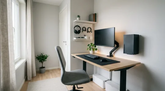 Bureau gaming minimaliste dans un espace de 9m² avec écran ergonomique et gestion des câbles
