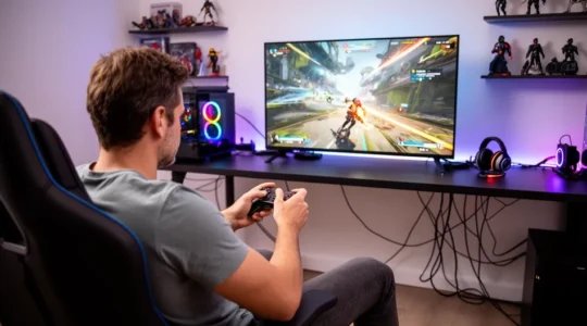 Joueur gaming next-gen devant grand écran TV 4K affichant jeu en action