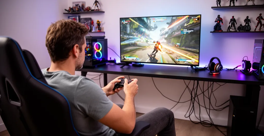Joueur gaming next-gen devant grand écran TV 4K affichant jeu en action