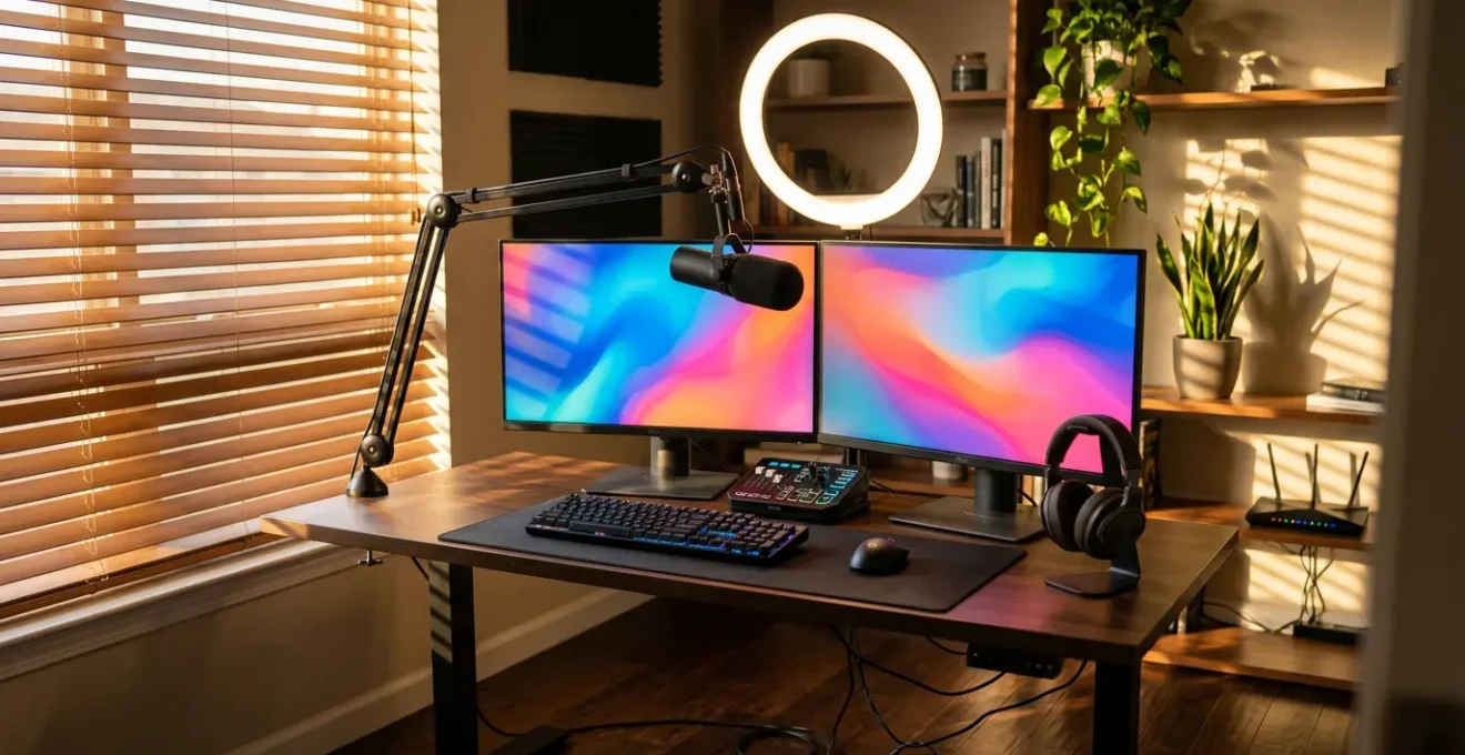Configuration de streaming avec équipement gaming dans un environnement domestique baigné de lumière naturelle