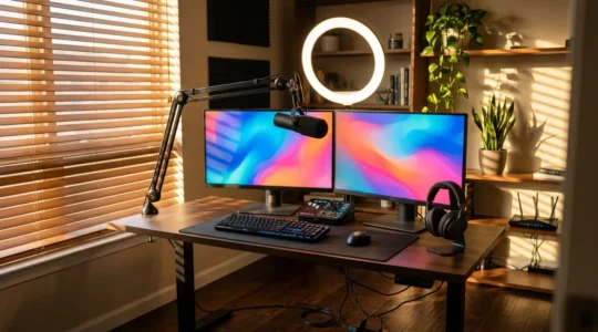 Configuration de streaming avec équipement gaming dans un environnement domestique baigné de lumière naturelle