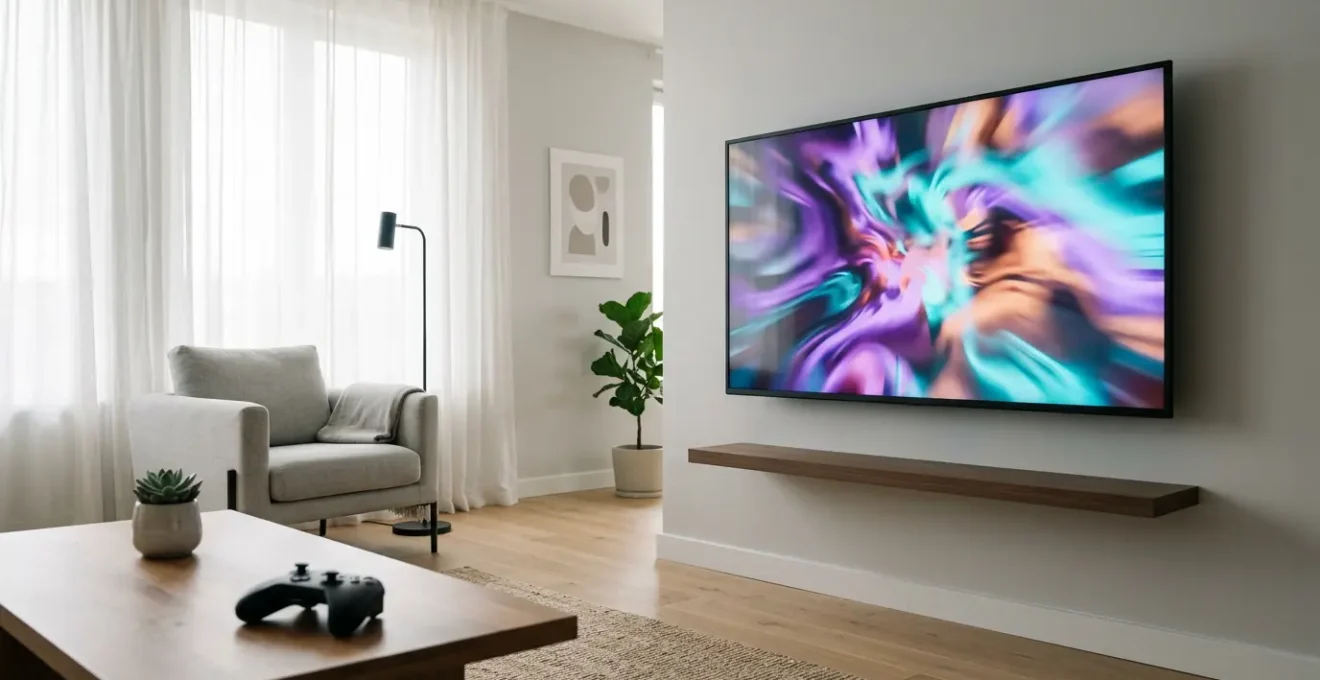 Un salon moderne avec une smart TV affichant des jeux vidéo colorés et une manette de jeu sans fil sur le canapé