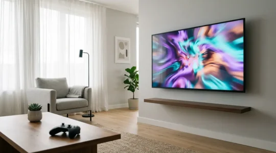 Un salon moderne avec une smart TV affichant des jeux vidéo colorés et une manette de jeu sans fil sur le canapé