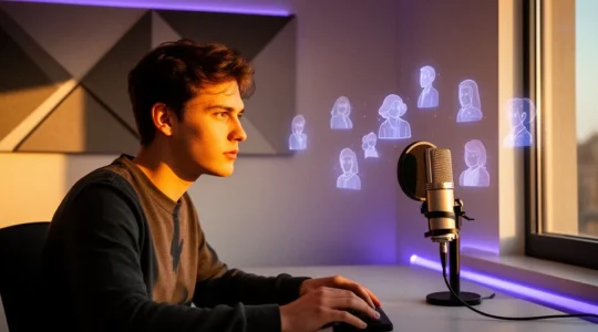 Un streamer dans son setup gaming entouré d'une petite communauté représentée par des avatars lumineux