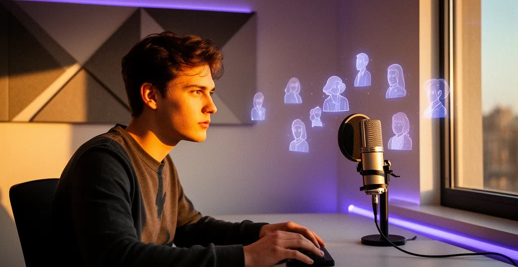 Un streamer dans son setup gaming entouré d'une petite communauté représentée par des avatars lumineux