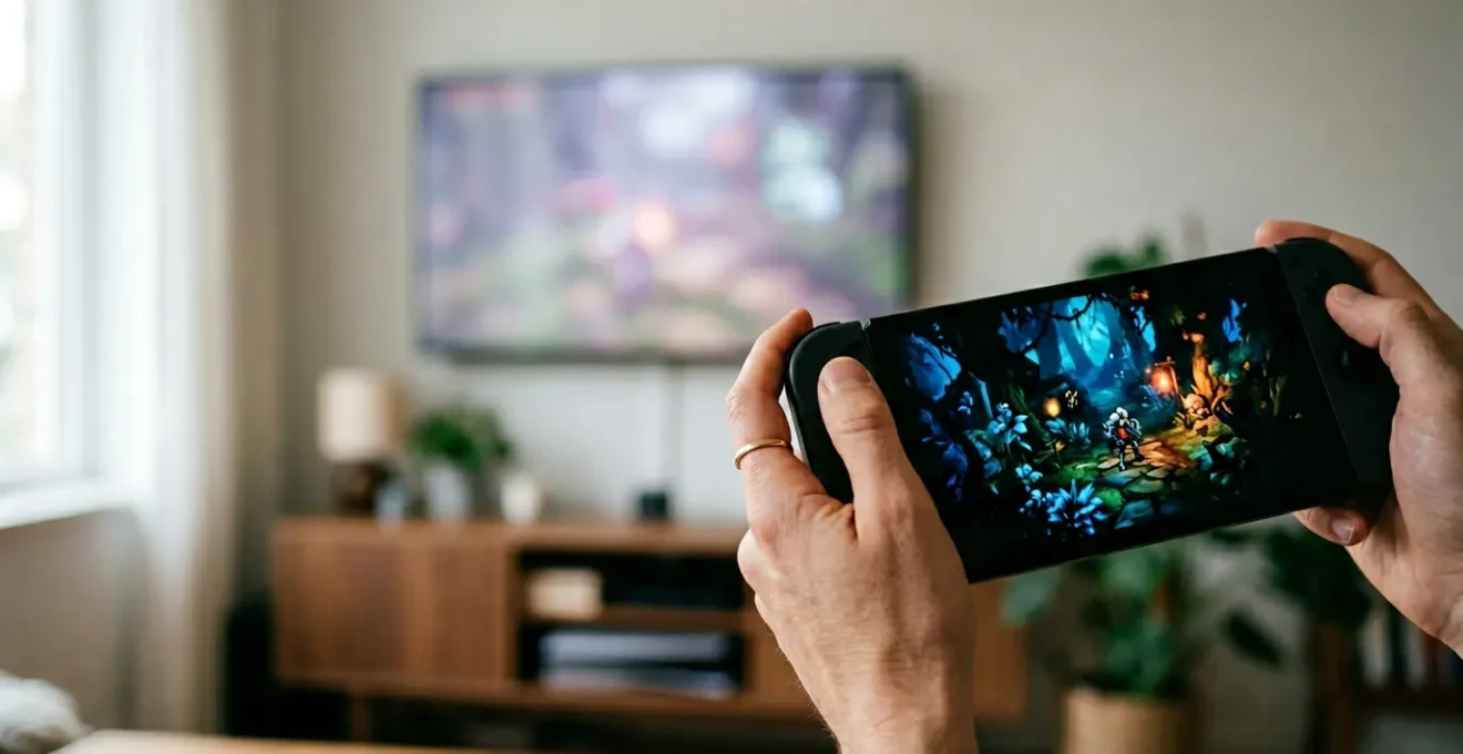 Écran OLED de Nintendo Switch en jeu portable avec contraste saisissant sur fond de salon