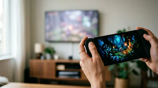 Écran OLED de Nintendo Switch en jeu portable avec contraste saisissant sur fond de salon