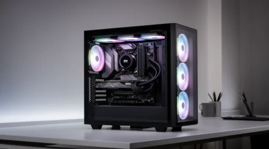 Configuration de tour gamer avec système de refroidissement optimisé et éclairage LED efficace