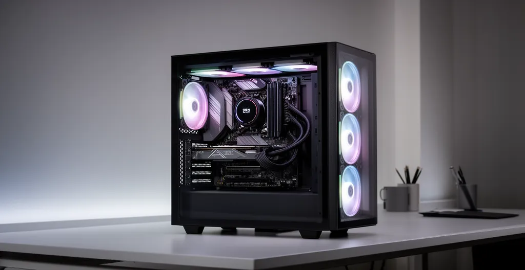 Configuration de tour gamer avec système de refroidissement optimisé et éclairage LED efficace