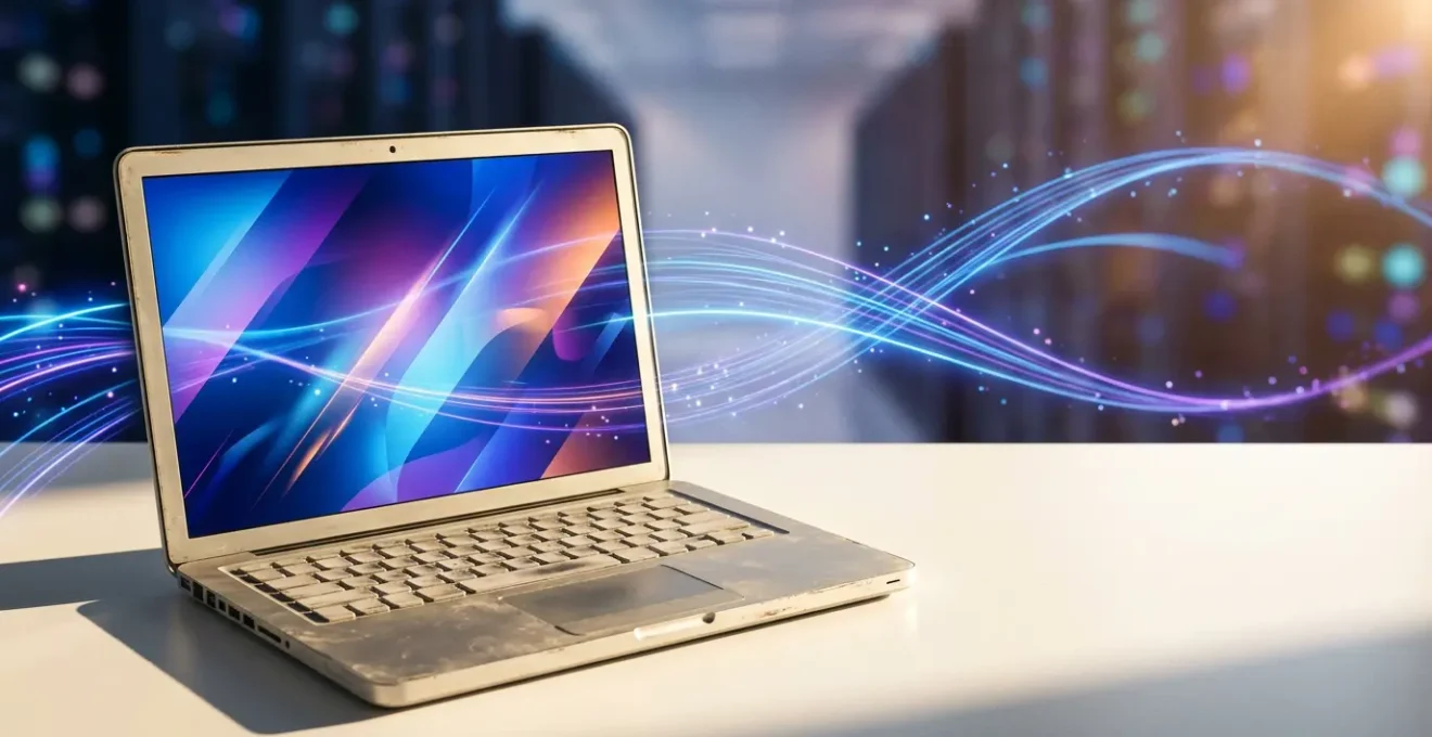 Ancien ordinateur portable posé sur un bureau moderne avec des reflets lumineux symbolisant la connexion au cloud