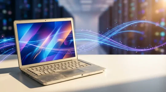 Ancien ordinateur portable posé sur un bureau moderne avec des reflets lumineux symbolisant la connexion au cloud