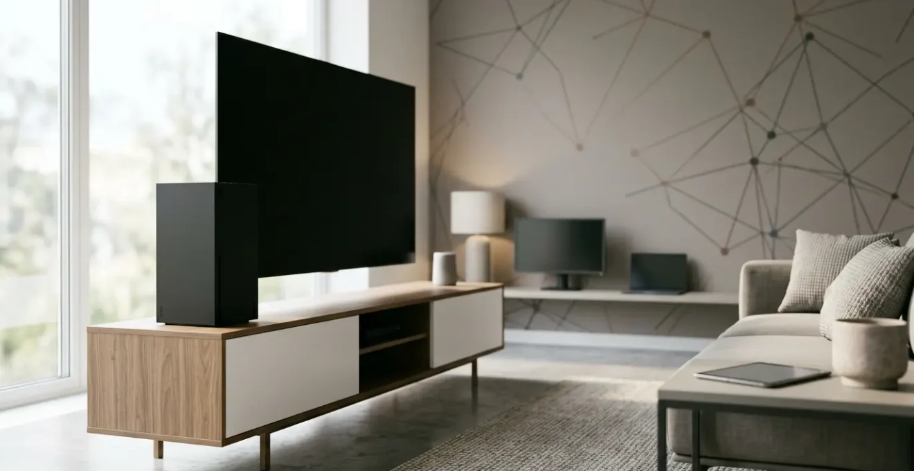 Console Xbox Series X dans un salon moderne avec configuration multi-écrans et éléments de partage