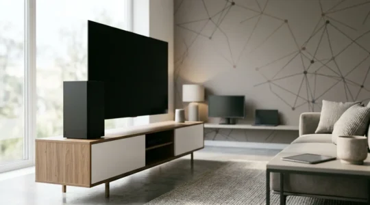 Console Xbox Series X dans un salon moderne avec configuration multi-écrans et éléments de partage