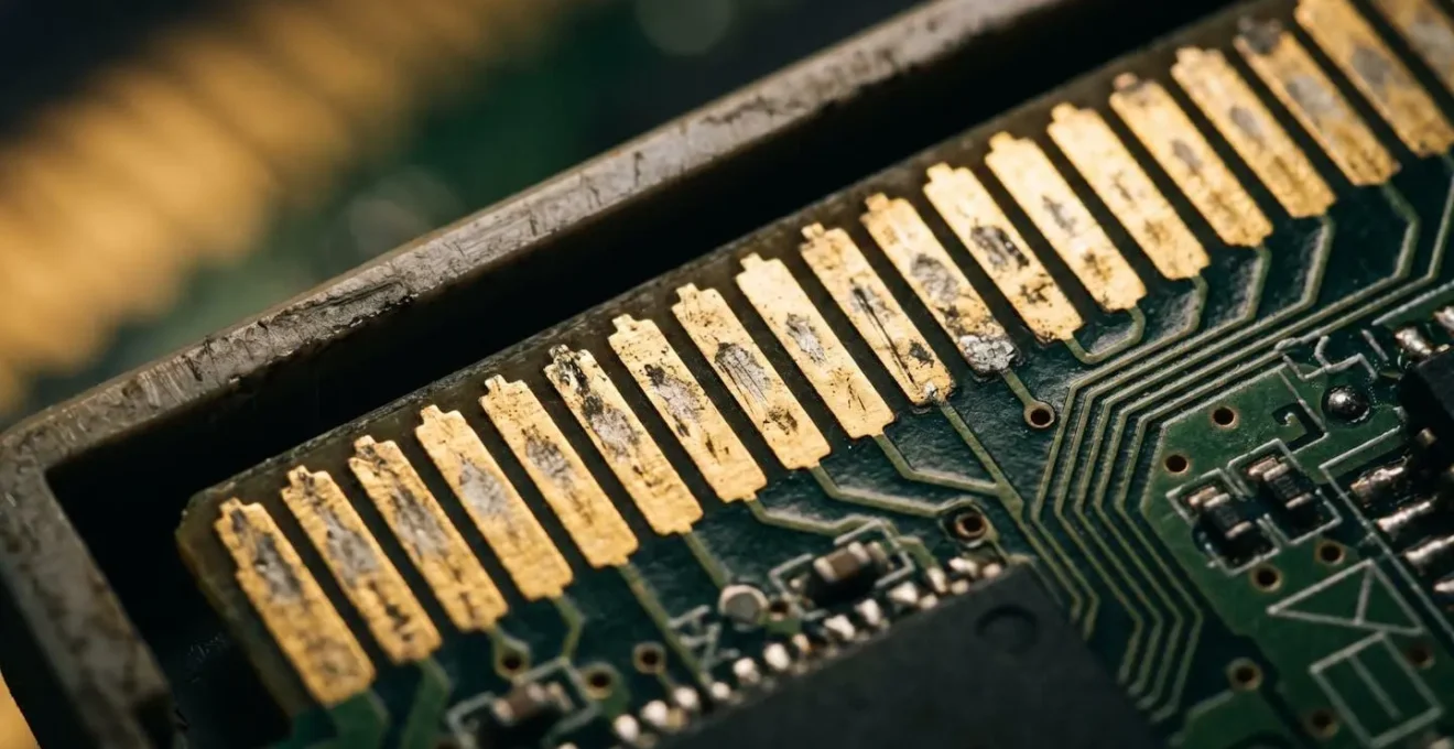 Vue macro détaillée des contacts dorés d'une cartouche de jeu vintage