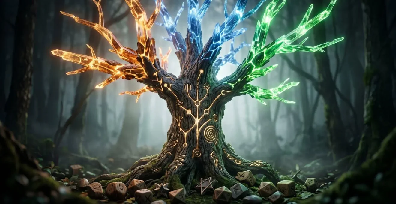 Arbre de compétences RPG avec chemins multiples interconnectés symbolisant la polyvalence