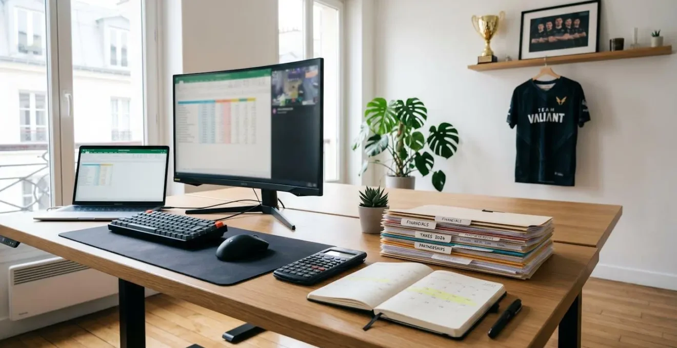 Vue d'ensemble d'un bureau organisé avec documents comptables et setup gaming professionnel