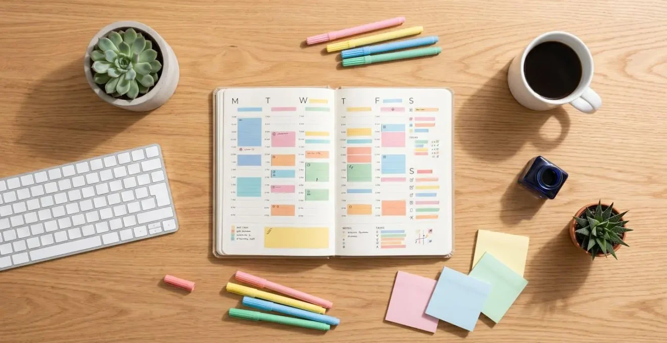 Vue aérienne d'un bureau avec un planning de streaming coloré et des notes stratégiques