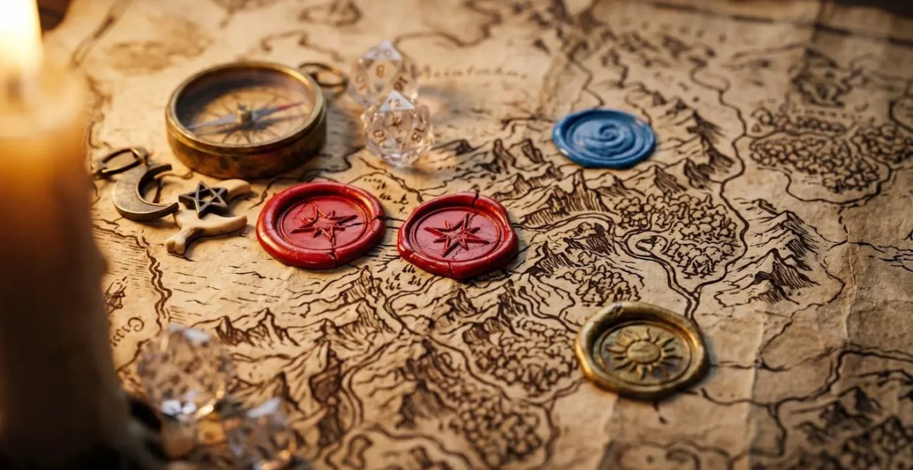 Vue aérienne d'une carte de jeu RPG avec zones colorées indiquant les priorités d'exploration