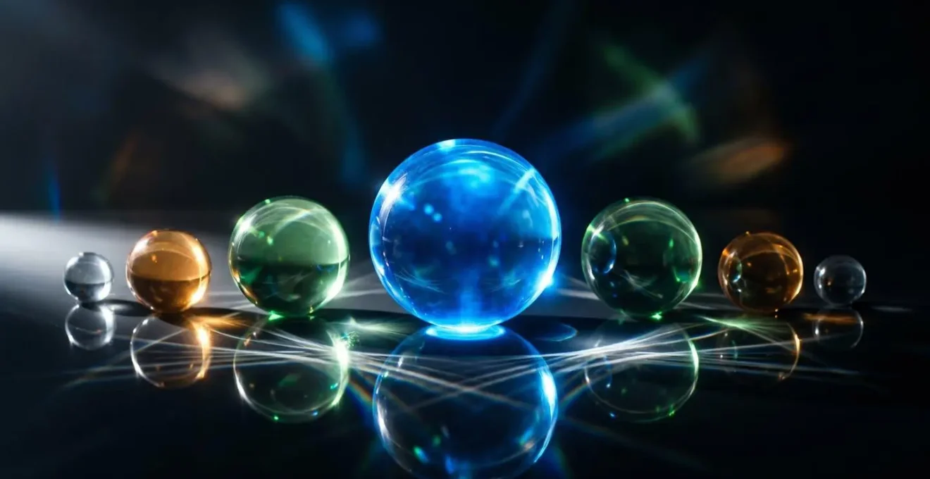 Visualisation abstraite de flux de données avec des sphères lumineuses de tailles différentes représentant les volumes de consommation