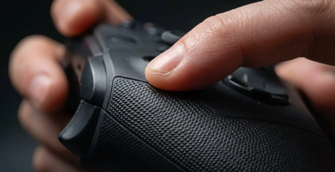 Gros plan macro sur les mains tenant une manette de jeu avec smartphone, texture détaillée des boutons et grips en caoutchouc