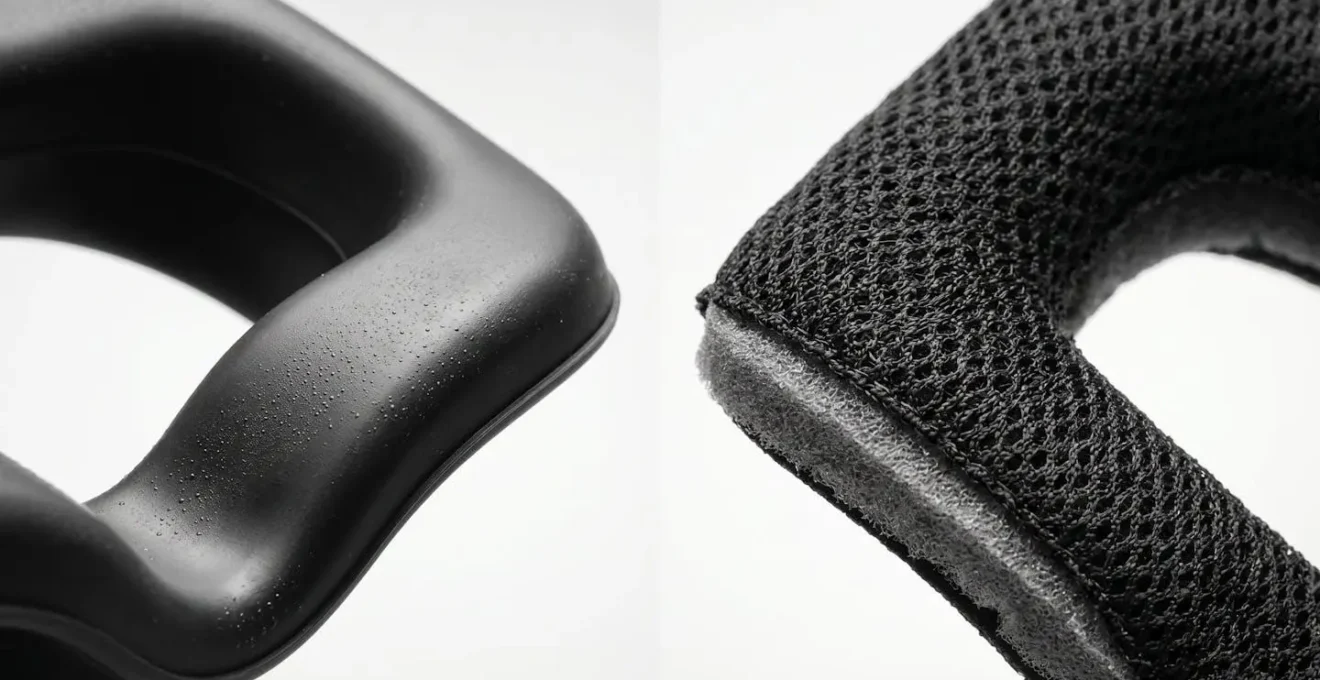 Gros plan sur deux interfaces faciales VR côte à côte, une en silicone lisse et une en tissu respirant