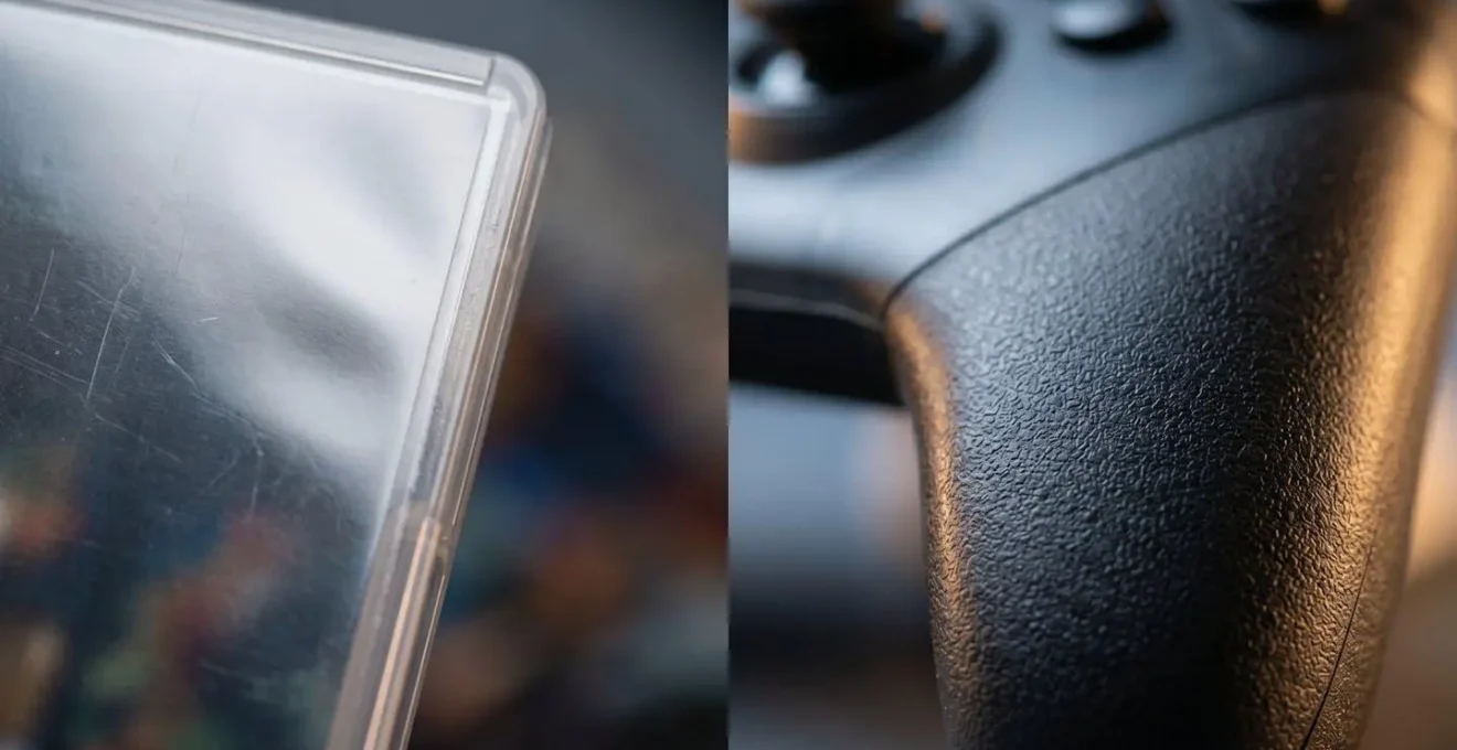 Composition macro montrant une boîte de jeu physique et un contrôleur avec reflets lumineux