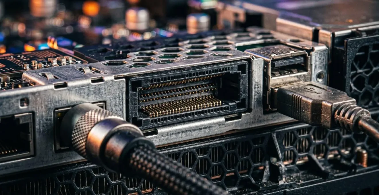 Vue macro du port de stockage externe d'une Xbox Series X avec câbles de connexion