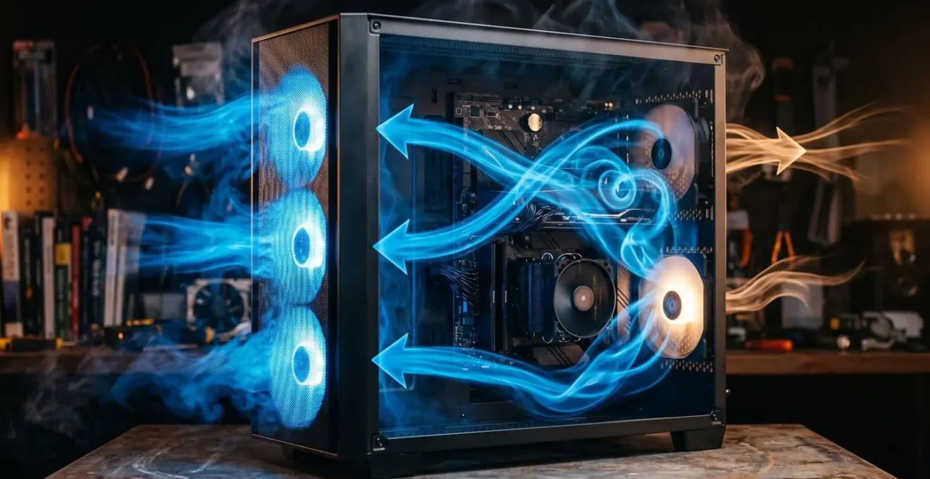 Schéma de placement optimal des ventilateurs dans un boîtier PC avec flux d'air et pression positive