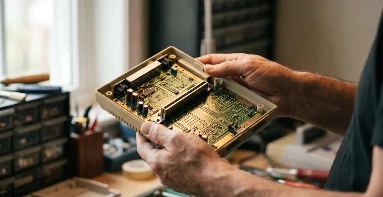 Console de jeu rétro ouverte montrant ses composants électroniques d'origine