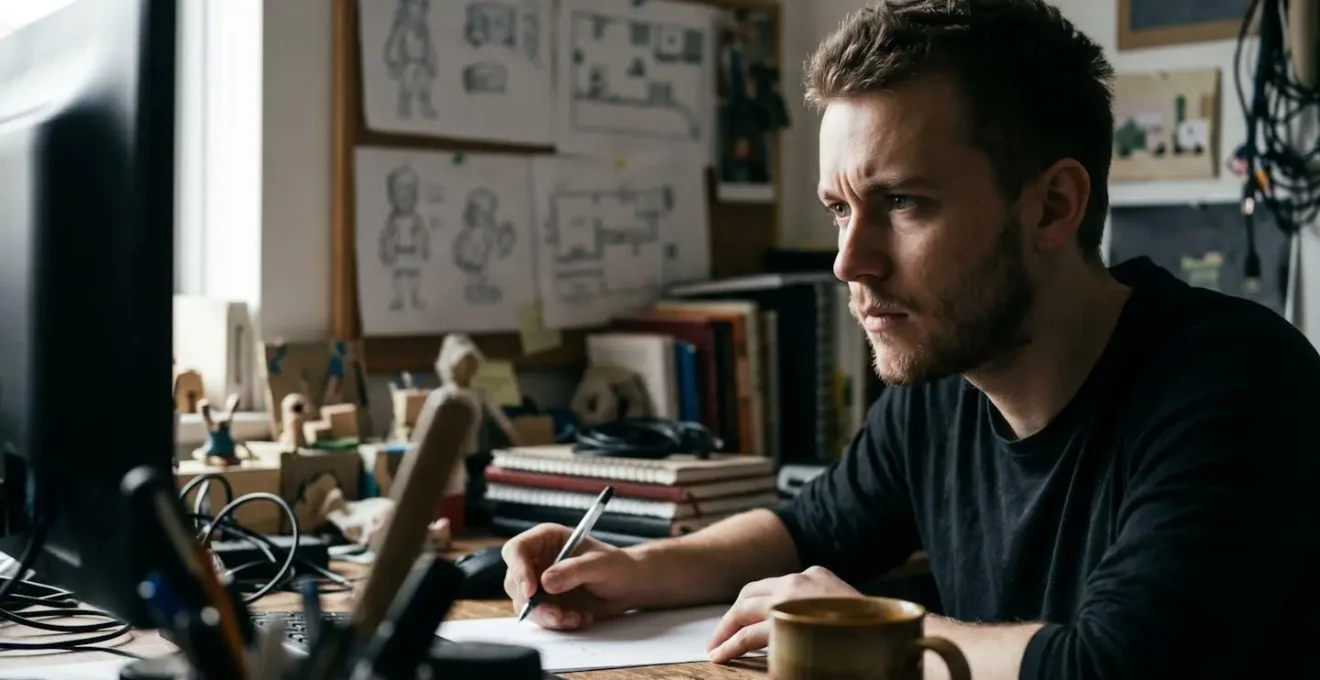 Portrait émotionnel d'un développeur indépendant dans son petit studio artisanal, avec une lumière naturelle révélant l'authenticité de l'espace créatif