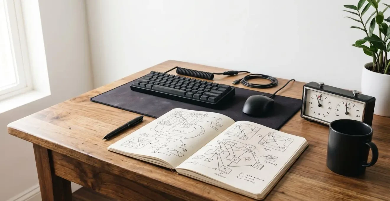 Setup d'analyse avec carnet de notes, chronomètre et écran montrant des graphiques de performance