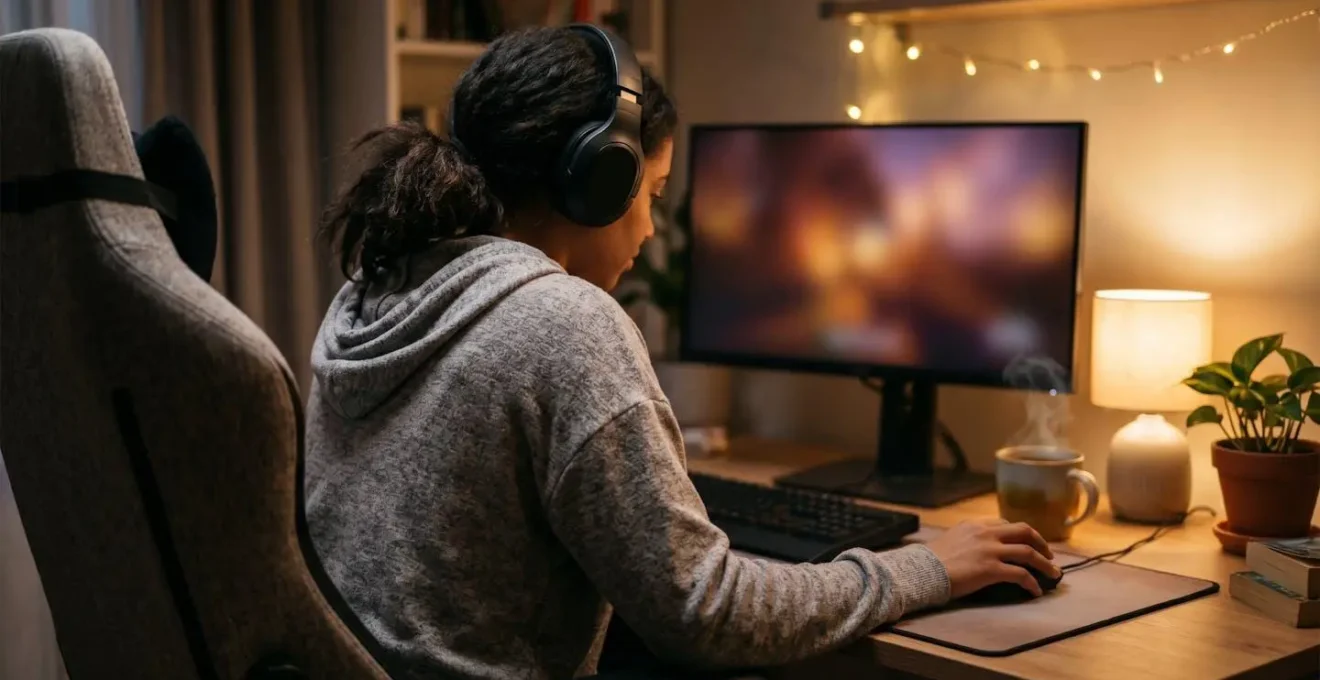 Ambiance chaleureuse d'un espace de jeu en soirée évoquant la détente et l'évasion