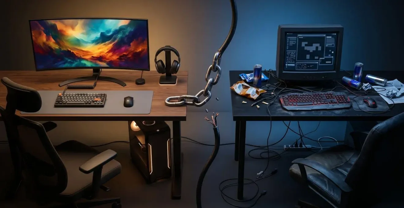 Deux joueurs côte à côte avec des setups gaming contrastés montrant différents niveaux d'engagement