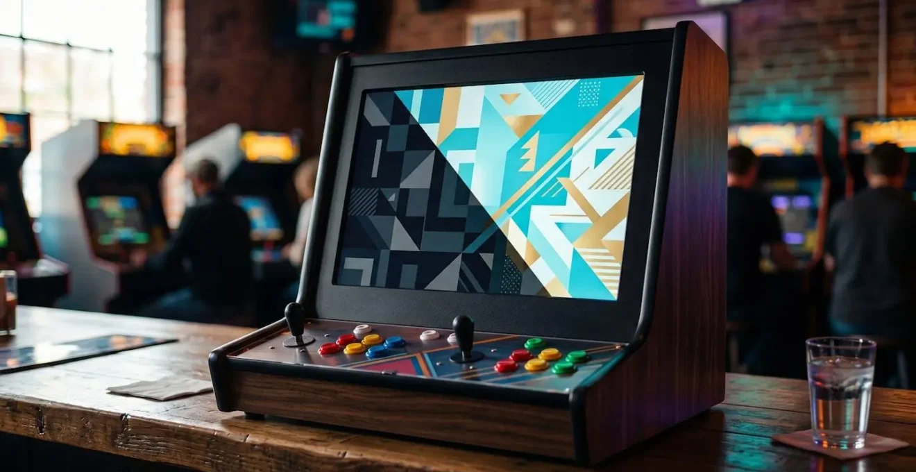 Borne d'arcade avec écran montrant la différence entre affichage 4:3 et 16:9