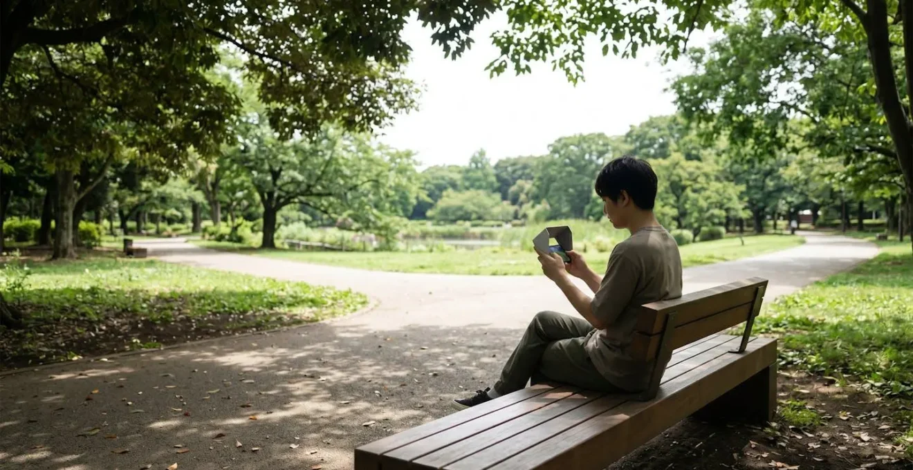 Vue large d'un parc urbain avec un joueur installé sur un banc à l'ombre d'un arbre, smartphone en main avec pare-soleil