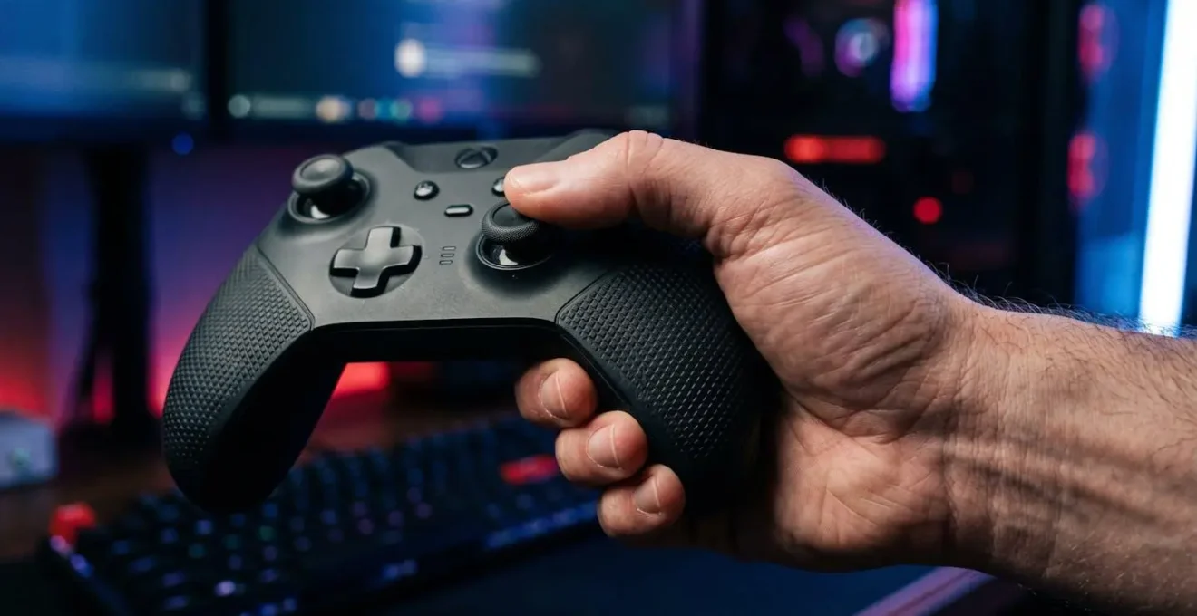 Main tenant une manette avec grips texturés en gros plan montrant l'adhérence
