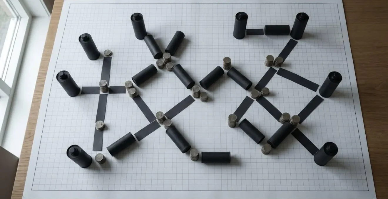 Vue aérienne de grenades fumigènes sur une carte tactique avec calculs économiques