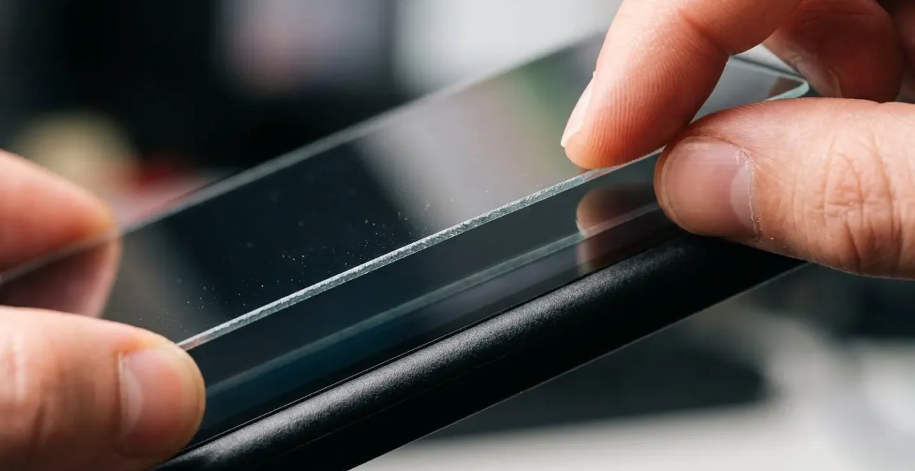 Détail macro de la pose d'un verre trempé sur écran Switch OLED