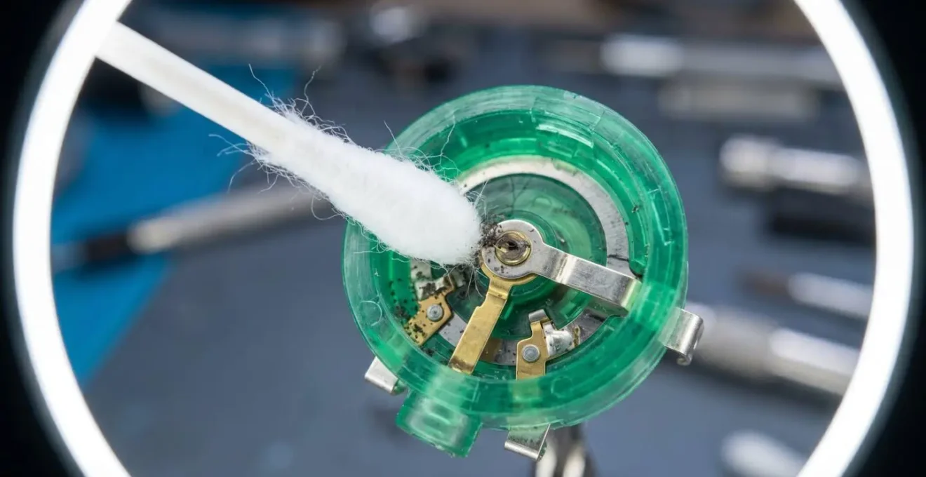 Vue macro d'un potentiomètre de joystick en cours de nettoyage avec un coton-tige