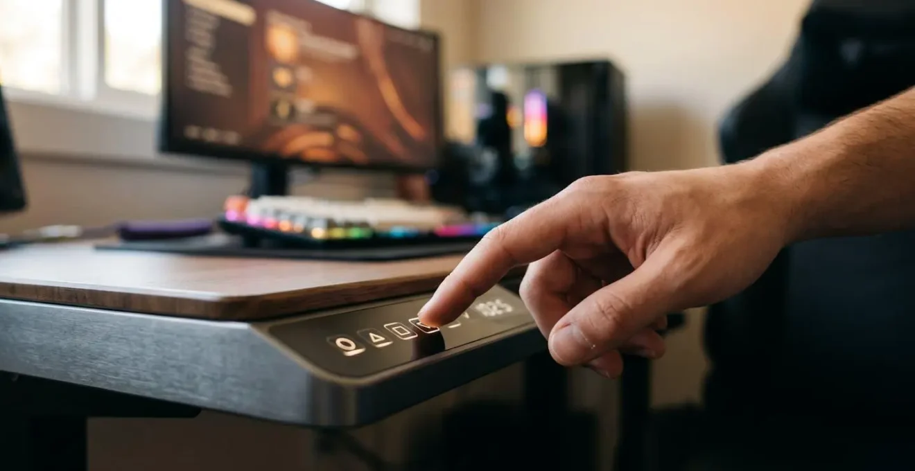 Vue rapprochée d'une main ajustant un panneau de contrôle tactile de bureau avec affichage numérique