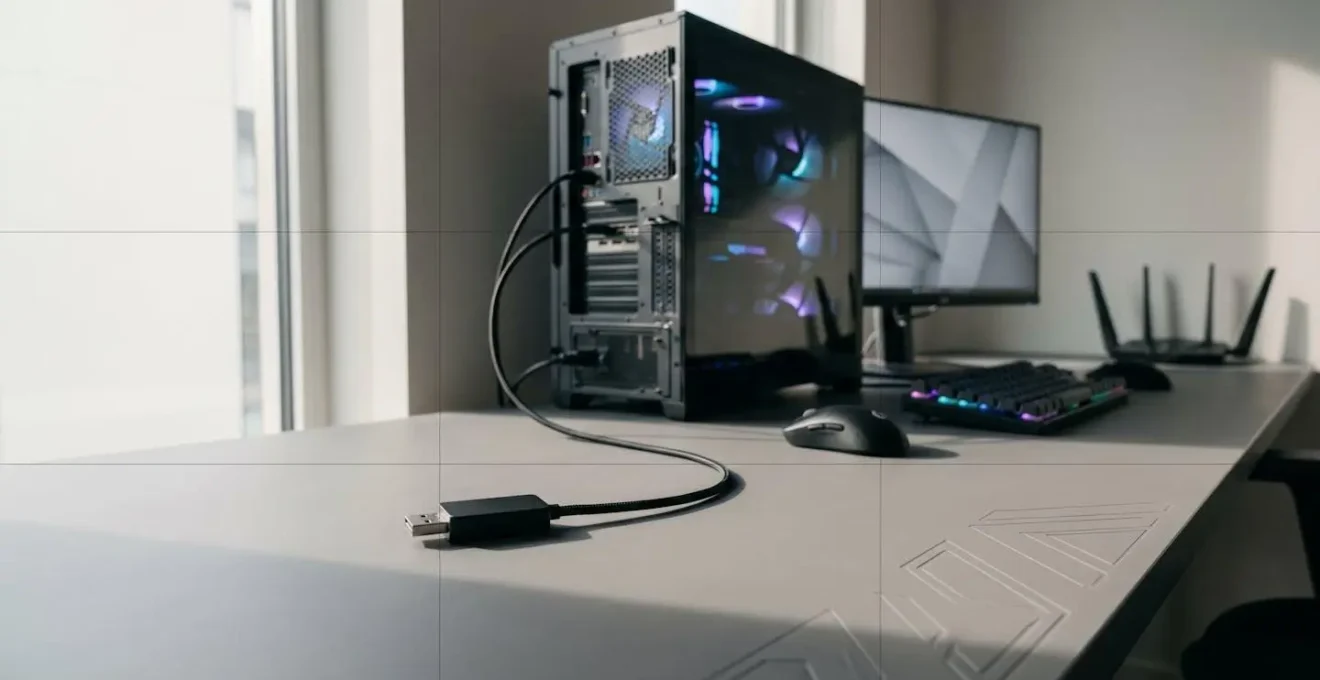Vue de bureau gaming montrant le placement idéal du dongle USB