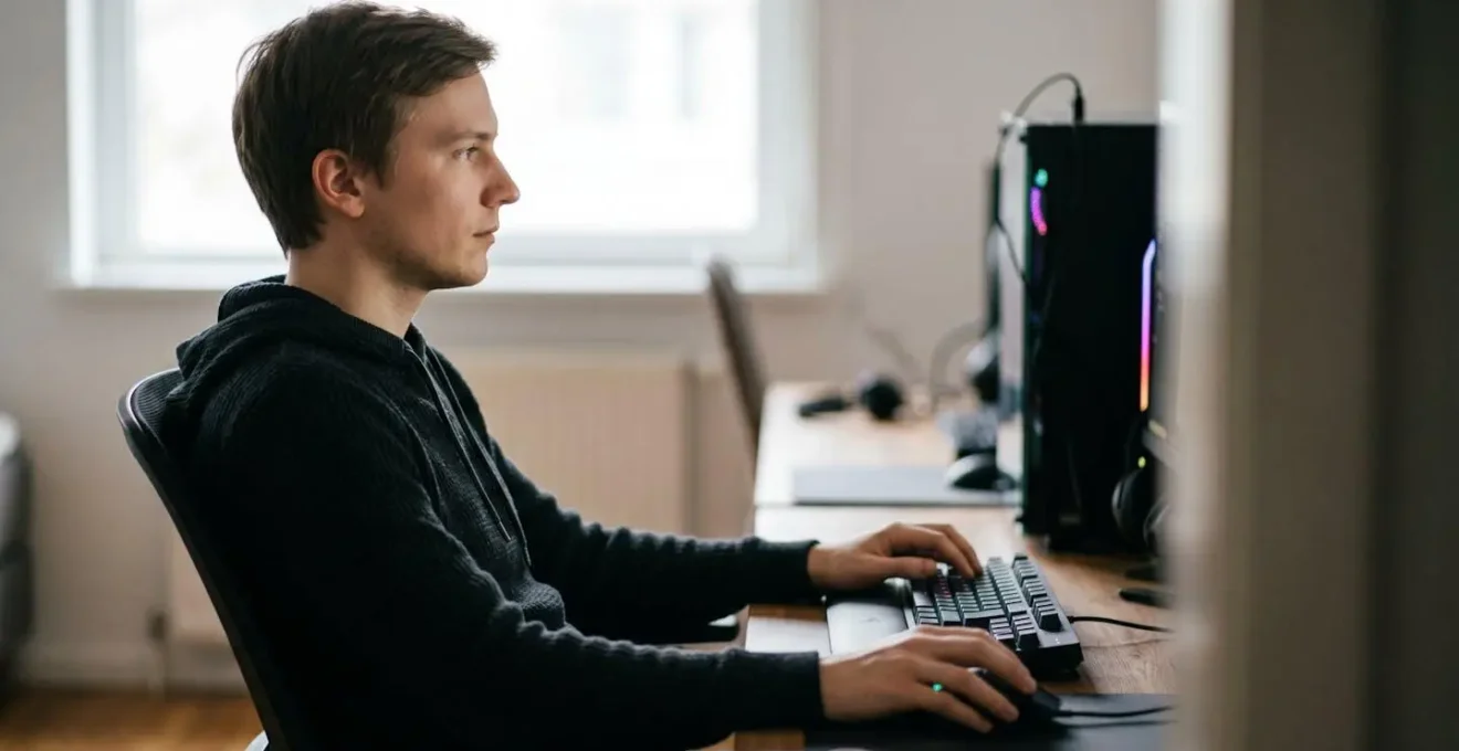 Vue latérale d'un joueur avec posture ergonomique parfaite devant un écran 27 pouces