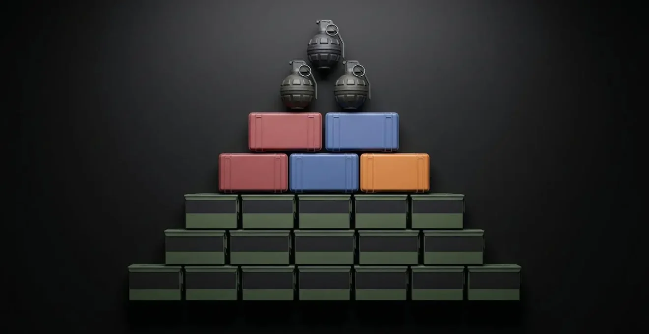 Organisation pyramidale de l'inventaire d'un joueur de battle royale avec hiérarchie visuelle